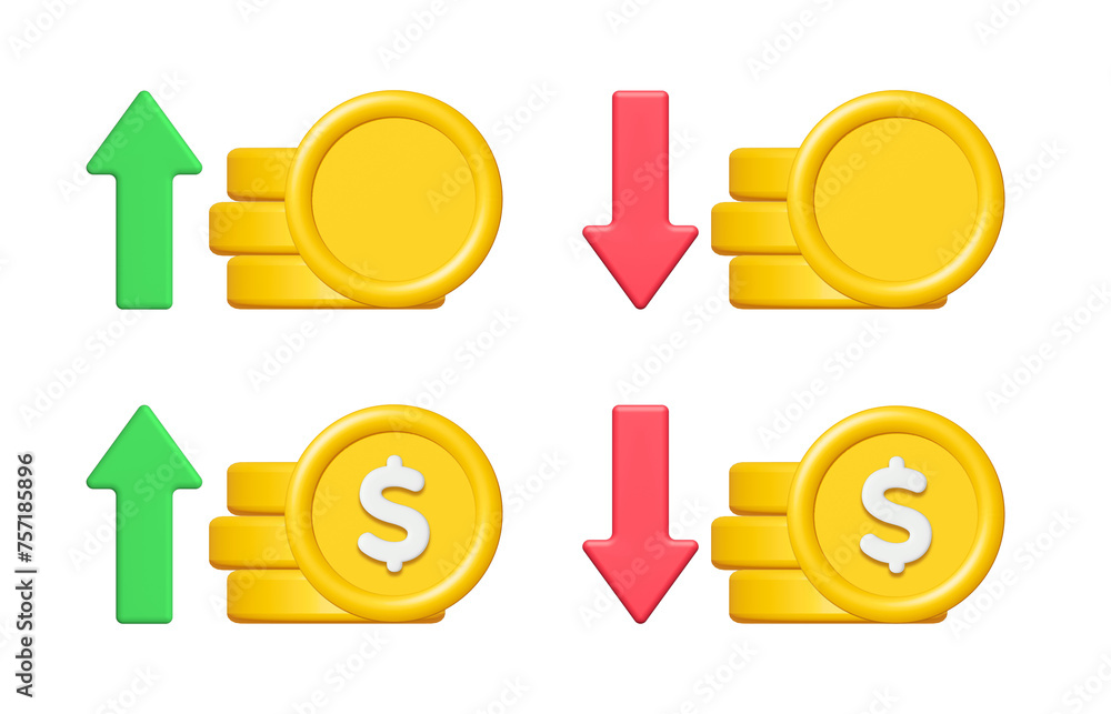 Wall mural 3d gold coin stack with green up and red down arrow isolated on white background. business finance c