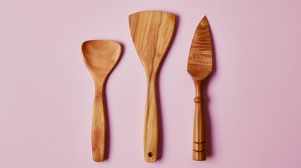 Three wooden utensils rest on a vibrant pink background, creating a visually appealing and artistic composition