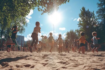 Group of Children Playing in the Sand at the Beach, A playground full of kids joyfully playing on a sunny day, AI Generated