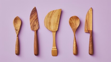 Five wooden utensils stand elegantly on a vibrant purple background