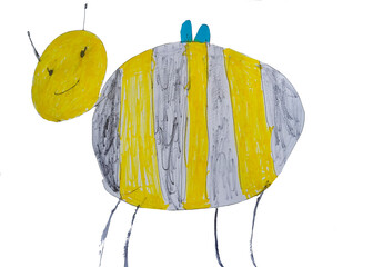 bee close-up with yellow stripes on the belly and small wings ,funny ,bee carries honey ,children's drawing