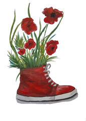 red sneakers,youth spring,summer shoes for feet like a vase with flowers, red poppies and other green grass composition with plants