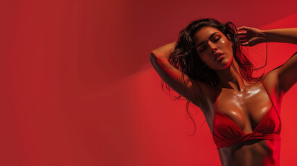 Fototapeta na wymiar A seductive model poses in a shiny red bikini, with a shadow play enhancing the allure