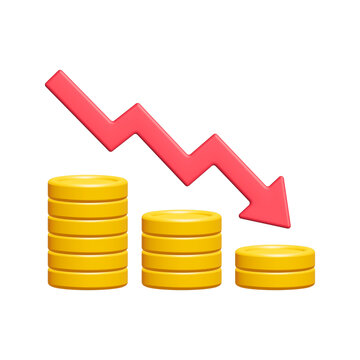 3d gold coin stack with red down arrow isolated on white background. Business and finance concept. Cartoon minimal style. Money coins icon render illustration.