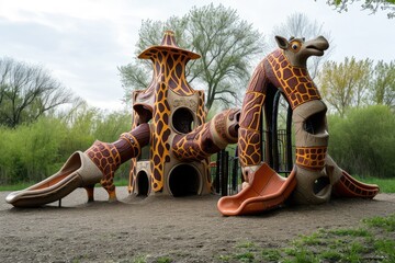 A vibrant childrens play area featuring various activities and structures inspired by giraffes, A...