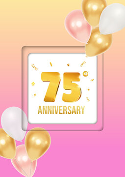 Bright anniversary celebration flyer poster with balloons and golden numbers 75