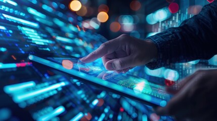 Person working using futuristic digital tablet for technology concept. Generate AI image