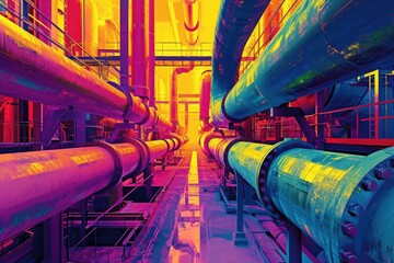 A large group of pipes can be seen interconnected and spanning the walls and ceiling of an industrial building, A pop-art depiction of neon-colored industrial pipelines, AI Generated