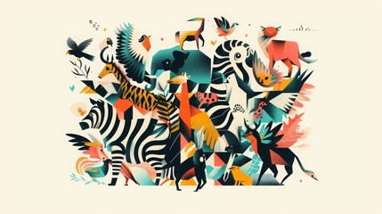the geometric flat 2d illustration features an assortment of animals, in the style of bold graphic shapes, michael malm, light pastel colors, bold posters, junglecore, shape collage, joyful