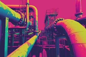 A vibrant photograph showcasing a multitude of colorful pipes found within a factory setting, A...