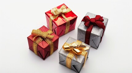 Obraz premium Top view of christmas gift boxes and decorations on white background