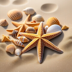 Fototapeta na wymiar Starfish and shells lie on the sand of the sea beach