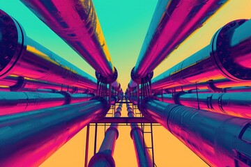 Colorful Picture of Pipes in a Factory, A pop-art depiction of neon-colored industrial pipelines,...