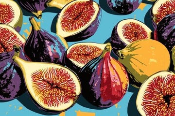 A variety of ripe figs meticulously arranged on a wooden table, A pop-art illustration of ripe figs...