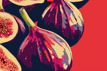 A detailed painting capturing figs arranged on a vibrant red background, A pop-art illustration of...
