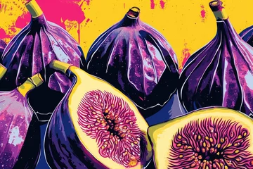 Foto op Plexiglas A collection of ripe figs arranged neatly on top of a wooden table, A pop-art illustration of ripe figs in bold, contrasting colors, AI Generated © Iftikhar alam