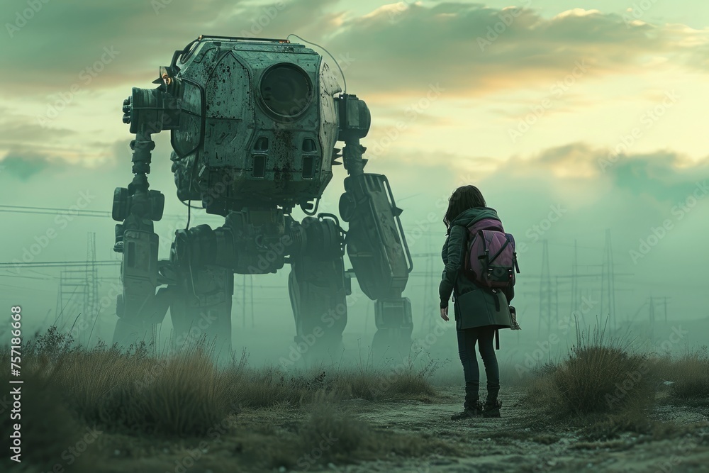 Poster a person wearing a backpack stands in front of a robotic device, a post-apocalyptic world where ai r