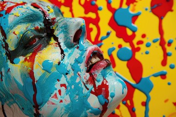 A womans face is fully covered in blue and red paint, creating a striking and colorful image, A...