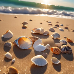 Fototapeta na wymiar Seashells lie on the sand of the sea beach