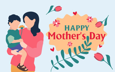 Postcard congratulations on Mother's Day. Mother with child in vector, flat style.