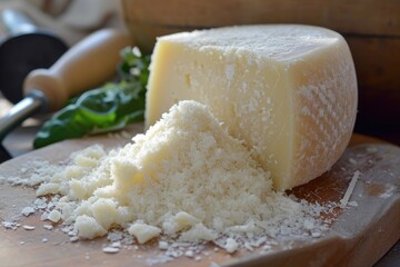 A single piece of cheese placed on top of a wooden cutting board, A pristine white could of fresh Parmigiano-Reggiano cheese, AI Generated