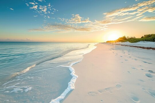 A photo capturing the sun setting on a beach, depicting footprints in the sand, A pristine, white sandy beach with a clear view of the horizon at sunset, AI Generated