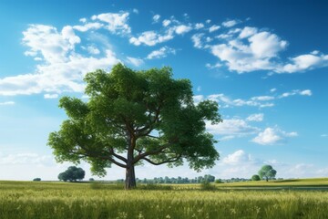 A single tree standing tall, its branches spread wide, in a grassy field, with blue sky and white clouds in the background