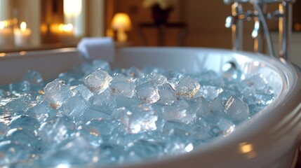A bathtub piled high with ice cubes, completely filled to the brim with icy cold water - obrazy, fototapety, plakaty