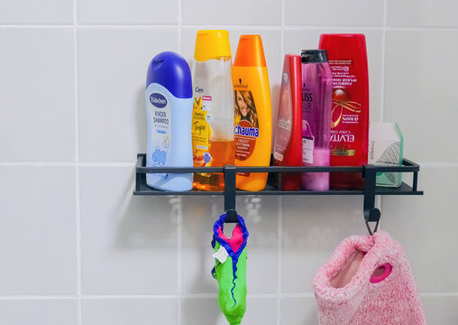 Toiletries are on the shelf. Shampoo. Cream.  Bad Wildungen,Germany,Europe - Matz 13 2024: