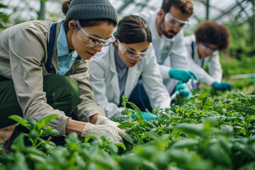 Team of scientists researching plant growth in a greenhouse. Agricultural science concept with focused professionals examining crops. Design for educational, botanical, and agricultural materials