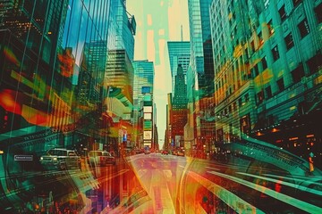 Fototapeta na wymiar A bustling city street with towering buildings and heavy traffic flowing through, A psychedelic representation of a financial boom, AI Generated