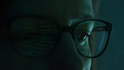 Close-up view of a programmer's eyes, with code projected on their glasses in a dimly lit room.