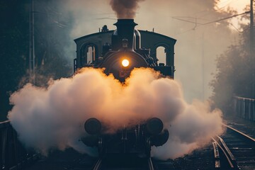 A vintage steam train chugging along with thick columns of smoke rising from its chimney, A puff of heart-shaped smoke from a vintage train, AI Generated