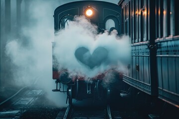 A train covered in a heart-shaped cloud of smoke as it moves along the tracks, A puff of heart-shaped smoke from a vintage train, AI Generated - obrazy, fototapety, plakaty