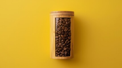 A wooden container overflows with coffee beans on a vibrant yellow background