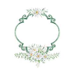 Stylish wedding frame with white flowers. Wedding crest.