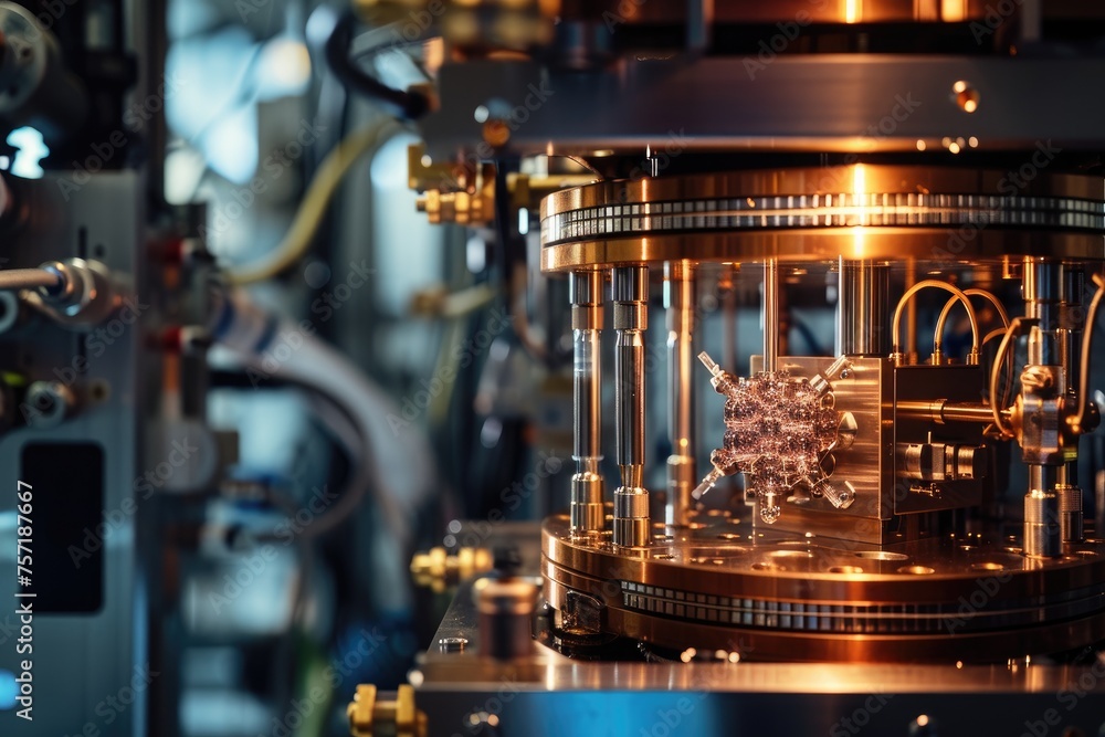 Poster a detailed view of the inner workings of a machine, featuring a prominently displayed clock, a quant