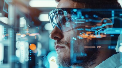 Close-up of a man wearing goggles inside an industrial facility accessing a computer through augmented reality.