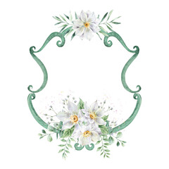 Art Deco wedding frame. Flowers and green crest template.