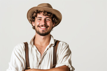 Portrait of happy farmer in straw hat stands and smile, looking at camera on grey background