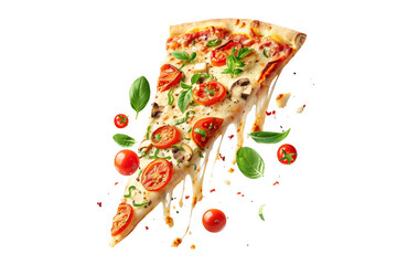 Template with delicious tasty slice of pizza flying on white background