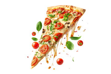 Template with delicious tasty slice of pizza flying on white background