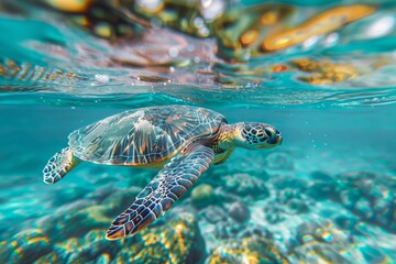 Green sea turtle swimming underwater in clear water on a sunny day
