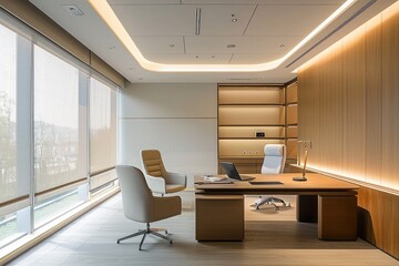 A well-lit office featuring a sizeable wooden desk and a comfortable chair, A quiet and tranquil office space for focus and productivity, AI Generated