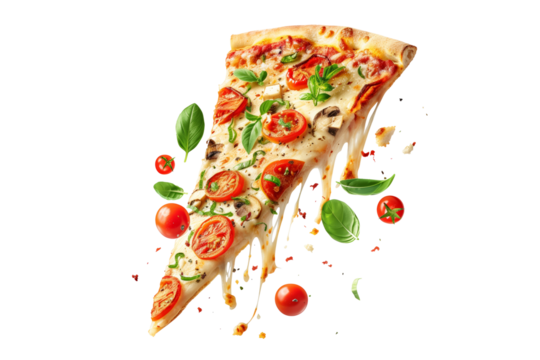 Template with delicious tasty slice of pizza flying on white background