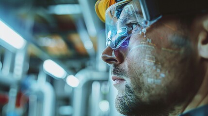 Close-up of a man wearing a hard hat and goggles observing augmented reality inside an industrial facility.