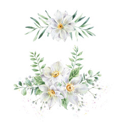 Fototapeta na wymiar Watercolor illustration of white flowers and greenery. Floral border for wedding invitations.