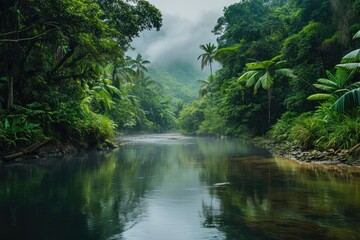 A powerful river meanders through a dense, vibrant forest, creating a stunning natural spectacle, A quiet river meandering through a thick rainforest, AI Generated