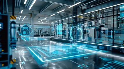 A hologram using augmented reality inside a factory with state-of-the-art facilities.