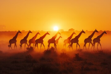 Fototapeta na wymiar Herd of giraffes walking at sunset creating a silhouette contrasting with the horizon